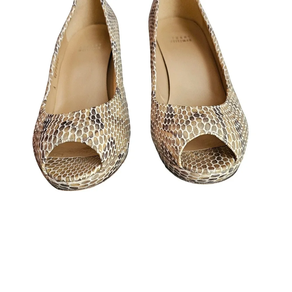 Stuart Weitzman Beige‎ Black Snake Skin Plainfield Open Toe Heels 8.5 M